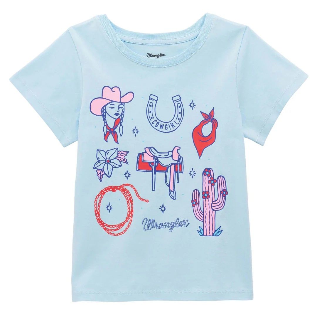 WRANGLER GIRLS' SHORT SLEEVE COWGIRL GRAPHICS TEE SHIRT - BLUE