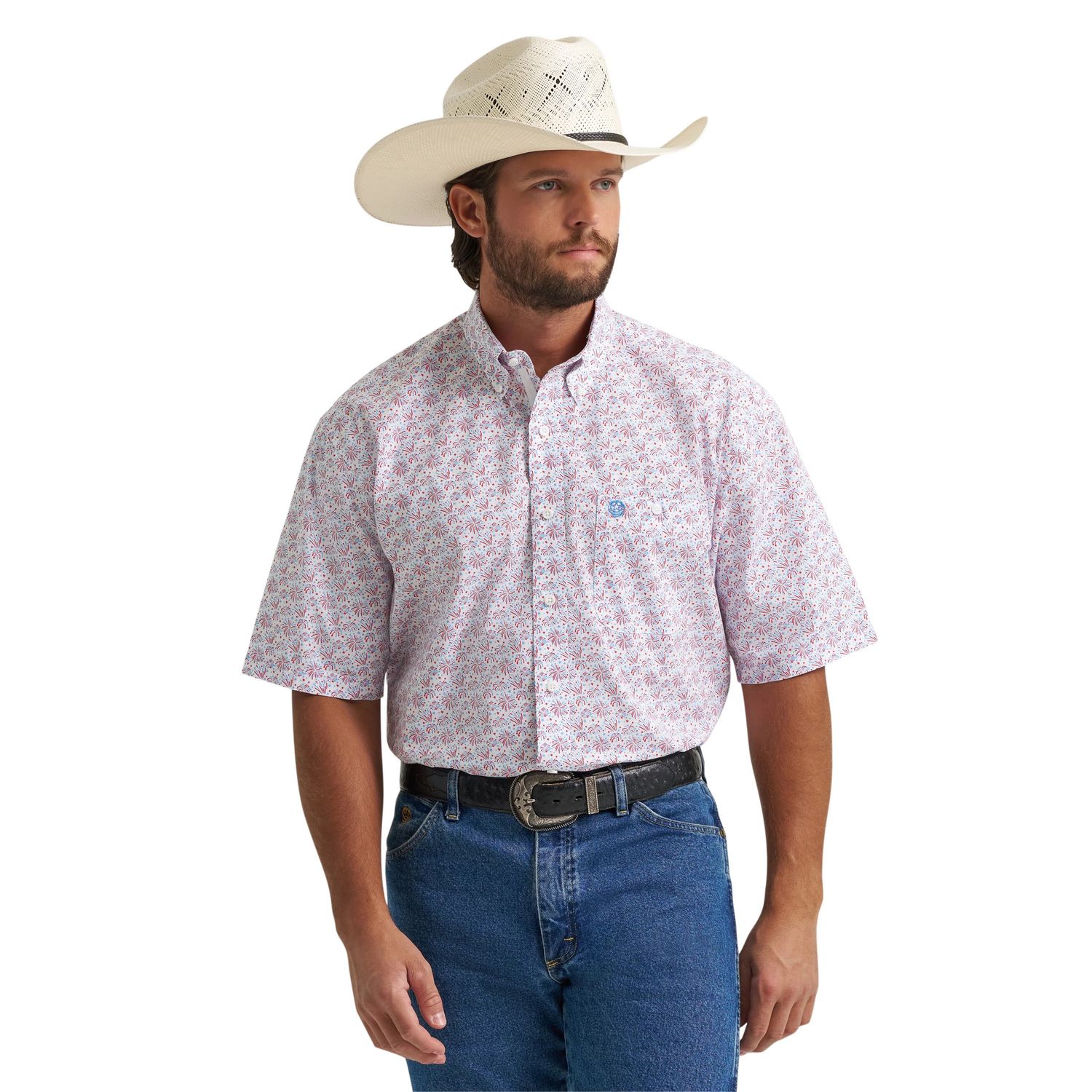 WRANGLER MEN'S GEORGE STRAIGHT SHORT SLEEVE FIREWORKS BUTTON SHIRT - BLUE/RED