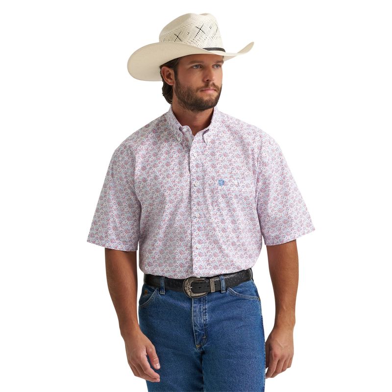 WRANGLER MEN'S GEORGE STRAIGHT SHORT SLEEVE FIREWORKS BUTTON SHIRT - BLUE/RED