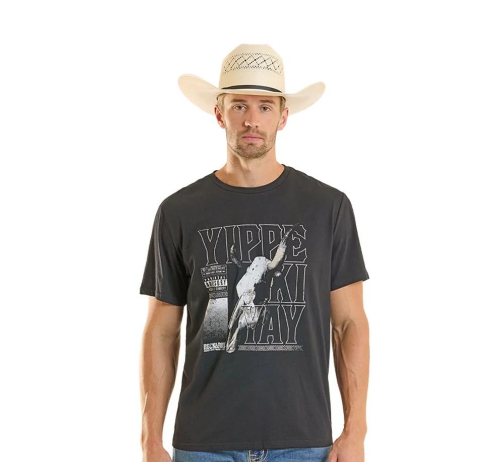 ROCK &amp; ROLL DENIM MEN'S SHORT SLEEVE YIPPE KI YAY SKULL GRAPHIC TEE SHIRT - BLACK