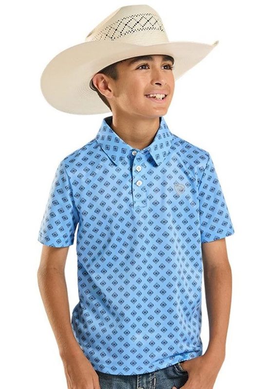 ROCK &amp; ROLL DENIM BOYS' MINI AZTEC GEO PRINTED POLO - BLUE