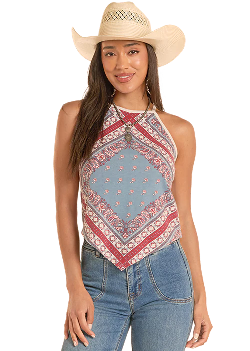 ROCK &amp; ROLL DENIM WOMEN'S BANDANAN PRINT TANK TOP - LIGHT NAVY