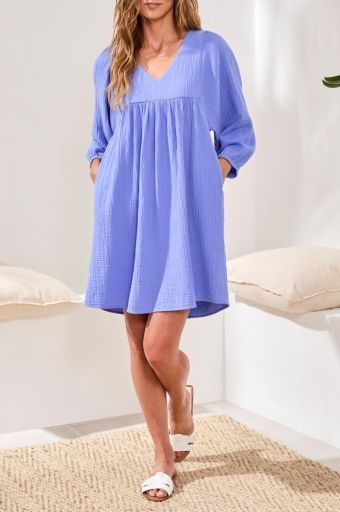 TRIBAL WOMEN'S PUFF SLEEVE DRESS WITH POCKETS - BAJA BLUE, COLOR: BAJA BLUE, SIZE: X-SMALL