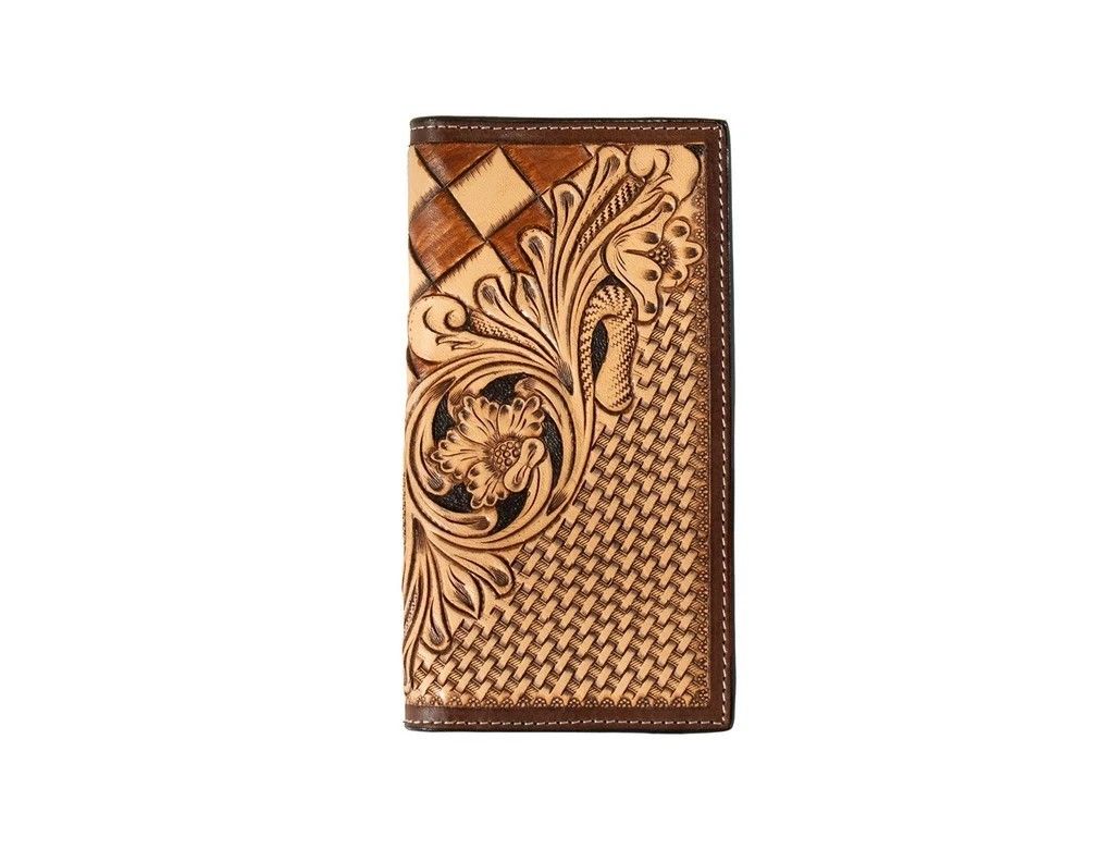 3D MEN'S HAND TOOLED FLORAL BASKETWEAVE RODEO STYLE WALLET - TAN
