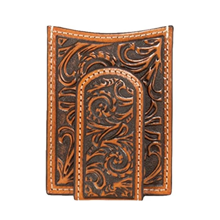 NOCONA MEN'S LEATHER SCROLLING WESTERN MONEY CLIP - TAN