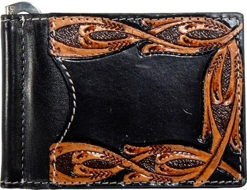 NOCONA MEN'S LEATHER TOOLED MONEY CLIP BIFOLD - BLACK