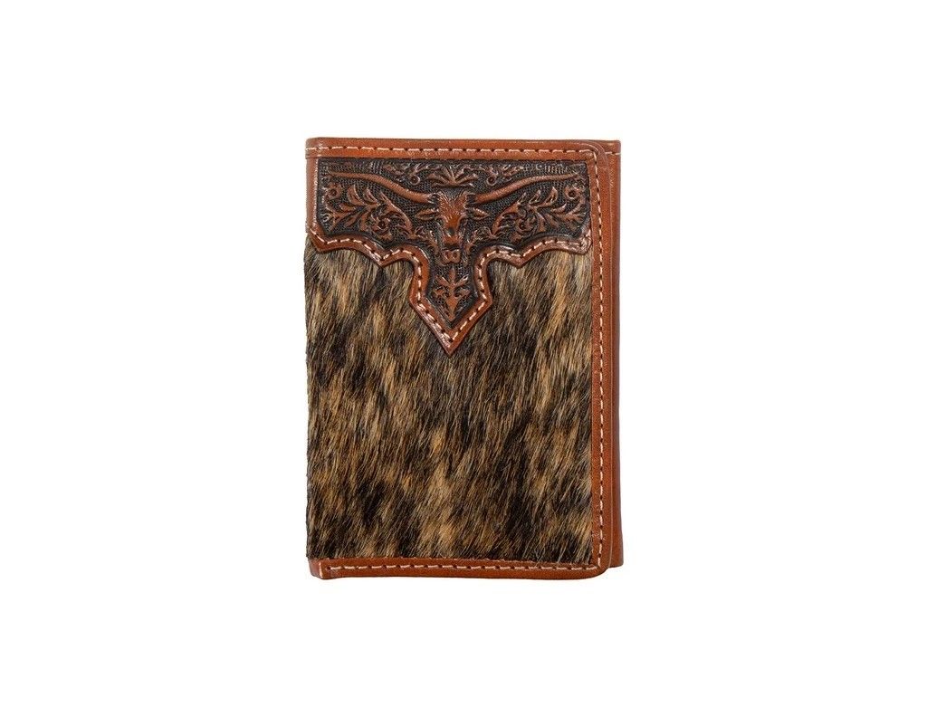 NOCONA MEN'S CALF HAIR LONGHORN TRIFOLD WALLET - BROWN