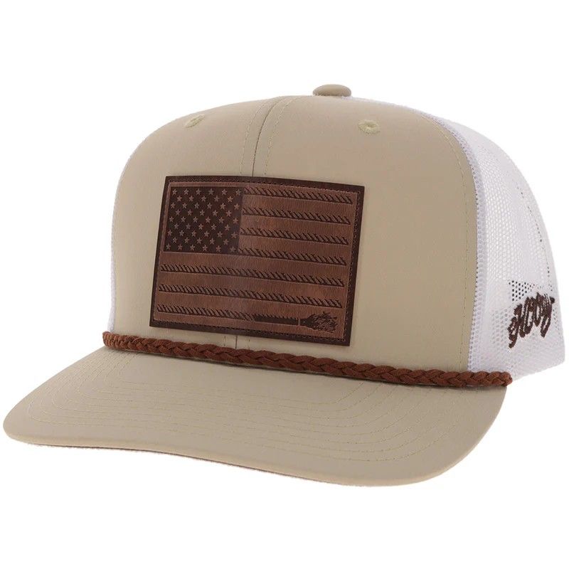 HOOEY LIBERTY ROPER SNAPBACK TRUCKER CAP - TAN/WHITE &amp; LEATHER
