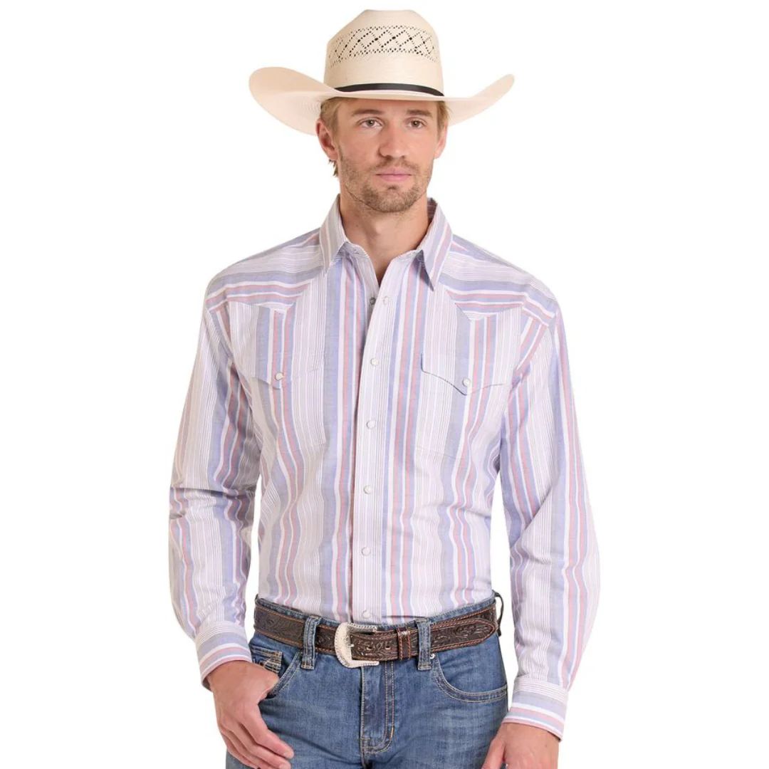 ROCK &amp; ROLL DENIM MEN'S LONG SLEEVE 2 POCKET PEARL SNAP SHIRT - BLUE