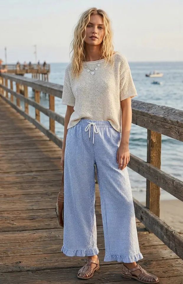SEWN AND SEEN CHECKERED GINGHAM FULLY LINED PANTS - BLUE