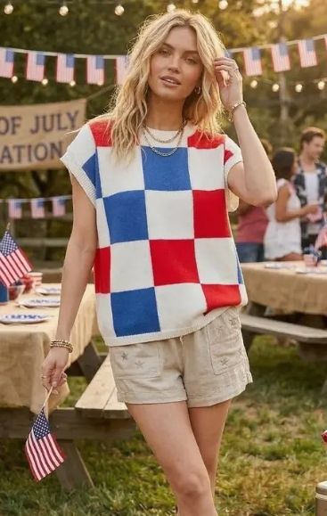 SEWN AND SEEN AMERICAN CHECKER SWEATER VEST - RED/WHITE/BLUE