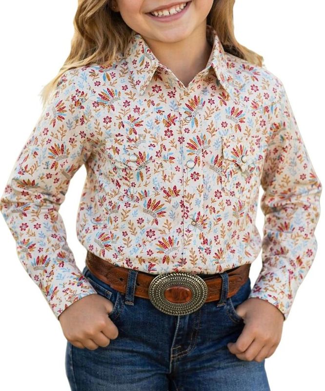 PANHANDLE SLIM GIRLS' LONG SLEEVE WL PRINT PEARL SNAP SHIRT - CREAM