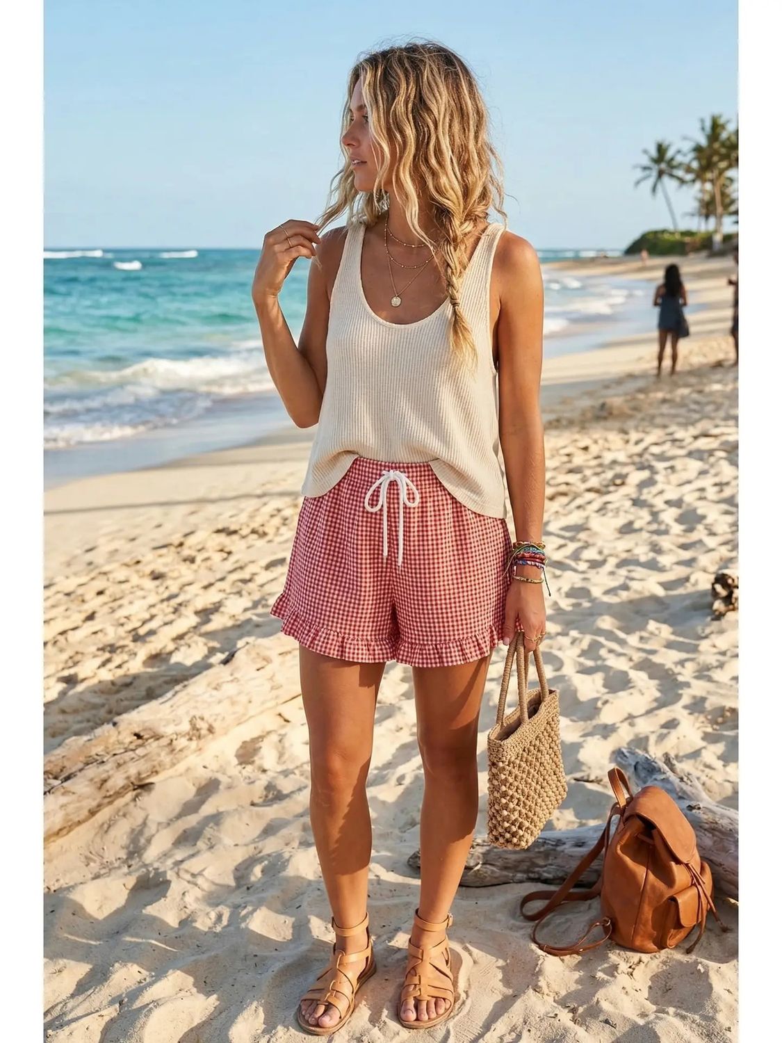 SEWN AND SEEN CHECKERED WOVEN RUFFLE HEM SHORTS - RED