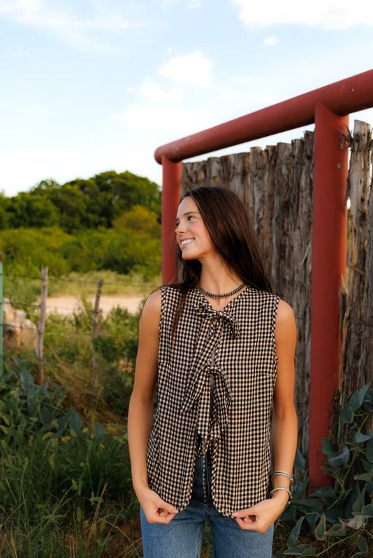 HOWDY HANNY WOMEN'S GINGHAM TIE VEST - BROWN HOWDY HANNY WOMEN'S GINGHAM TIE VEST - BROWN
