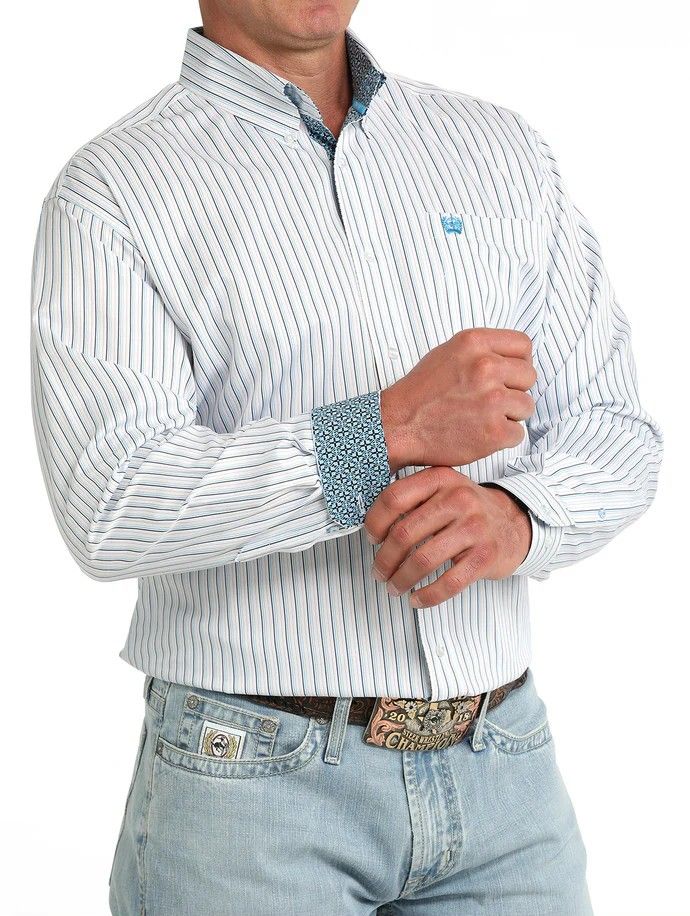 CINCH MEN'S LONG SLEEVE STRIPED TENCEL BUTTON SHIRT - WHITE/LIGHT BLUE