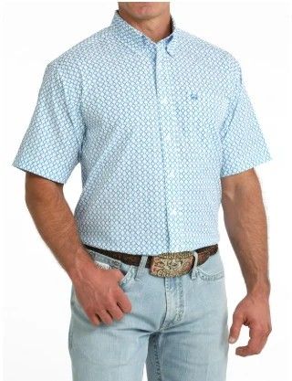 CINCH MEN'S SHORT SLEEVE ATHLETIC PRINT ARENAFLEX BUTTON SHIRT - BLUE