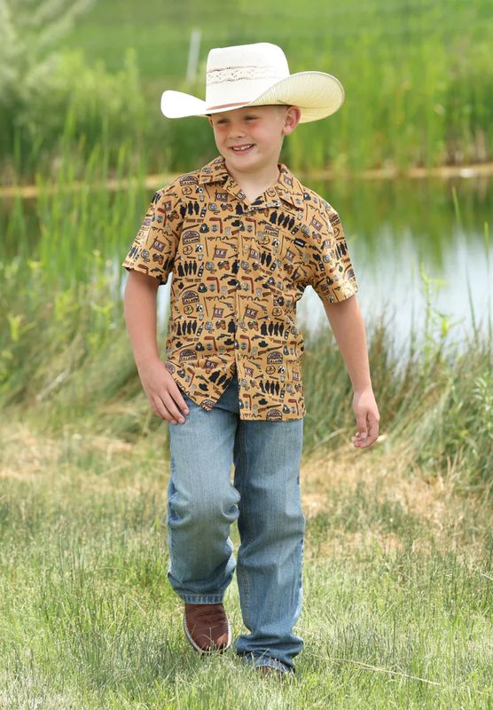 CINCH BOYS' SHORT SLEEVE BUTTON CAMP SHIRT - BROWN CINCH BOYS' SHORT SLEEVE BUTTON CAMP SHIRT - BROWN