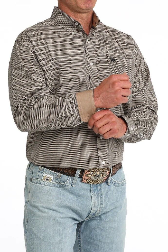 CINCH MEN'S LONG SLEEVE PLAIN WEAVE PRINT BUTTON SHIRT - KHAKI