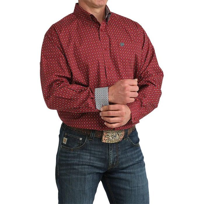 CINCH MEN'S LONG SLEEVE PLAIN WEAVE PRINT BUTTON SHIRT - RED
