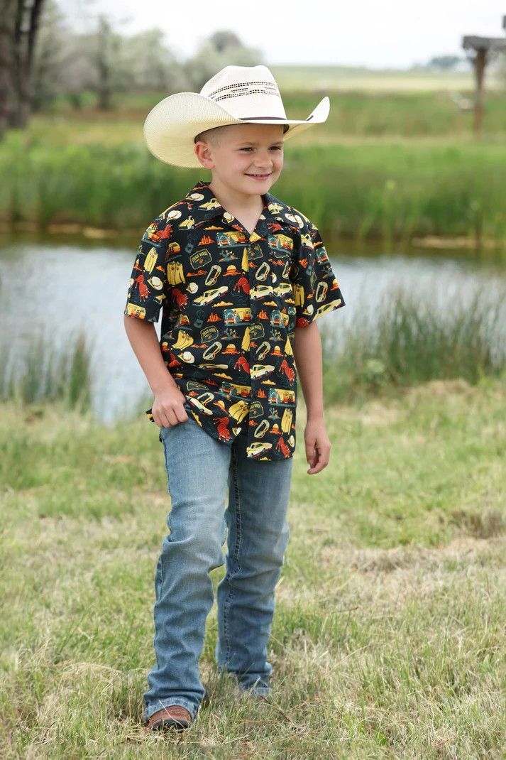 CINCH BOYS' SHORT SLEEVE BUTTON CAMP SHIRT - BLACK