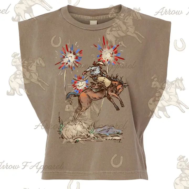 ARROW F APPAREL WOMEN'S SLEEVELESS FIREWORKS BRONC RIDER MUSCLE TANK - FADED BROWN