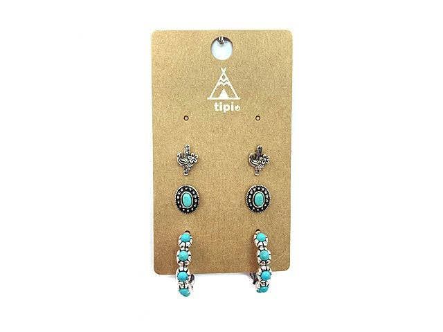 SNOWING WEST WESTERN 3 PAIR TURQUOISE HOOP EARRING SET(1)