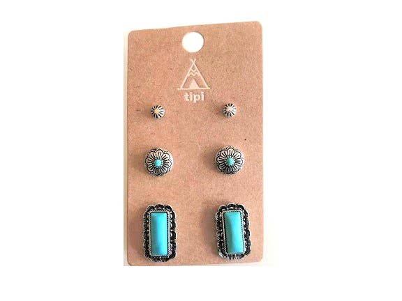 SNOWING WEST WESTERN 3 PAIR TURQUOISE HOOP EARRING SET