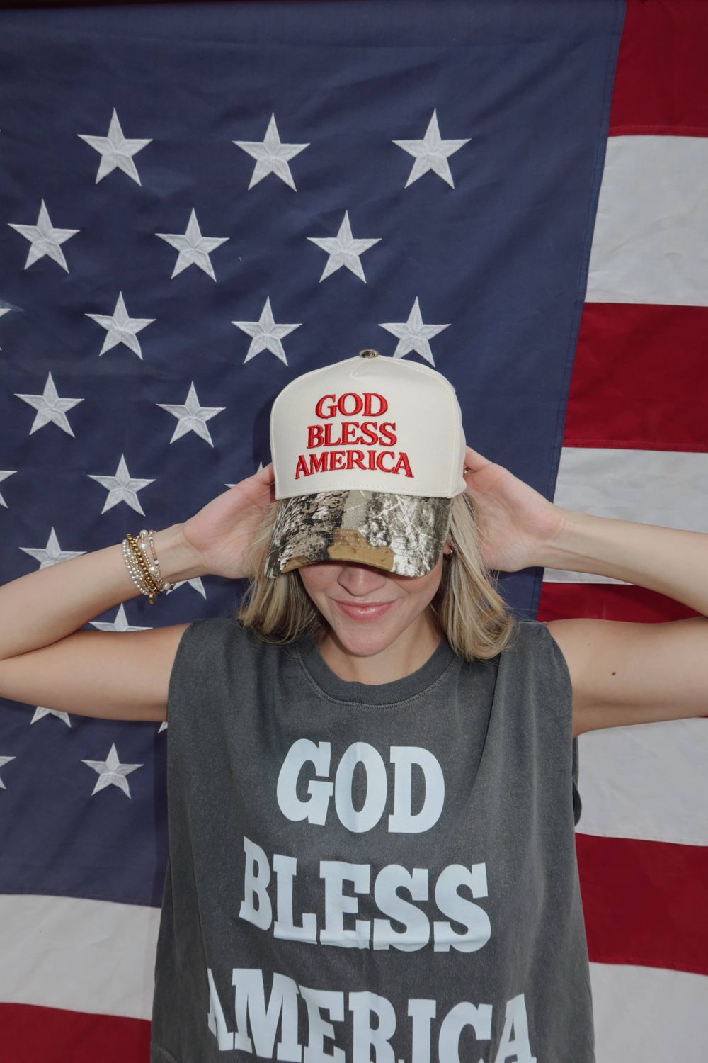WORTHY HAT CO. GOD BLESS AMERICA TRUCKER CAP - CAMO, COLOR: Red Embroidery