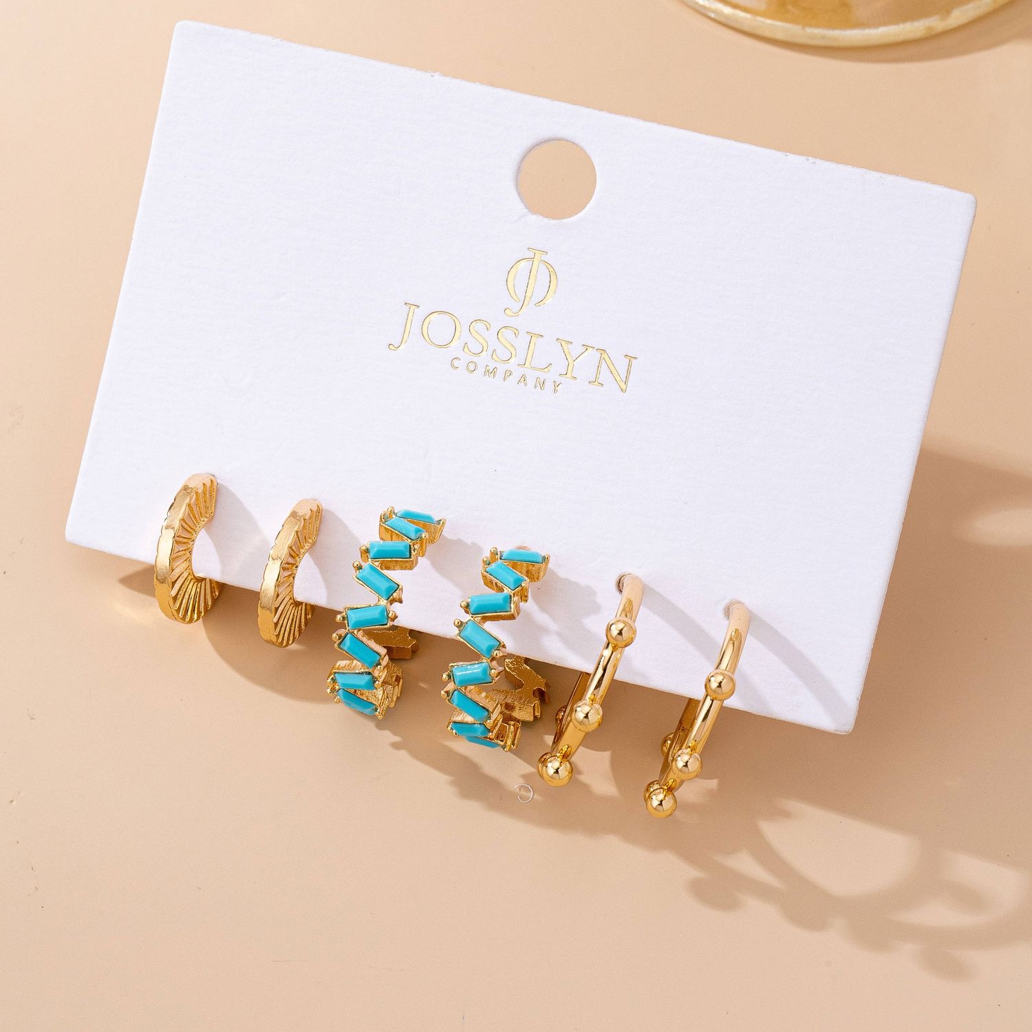 JOSSLYN BY WALL TO WALL TURQUOISE ENAMEL HOOP TRIO EARRING SET, COLOR: GOLD