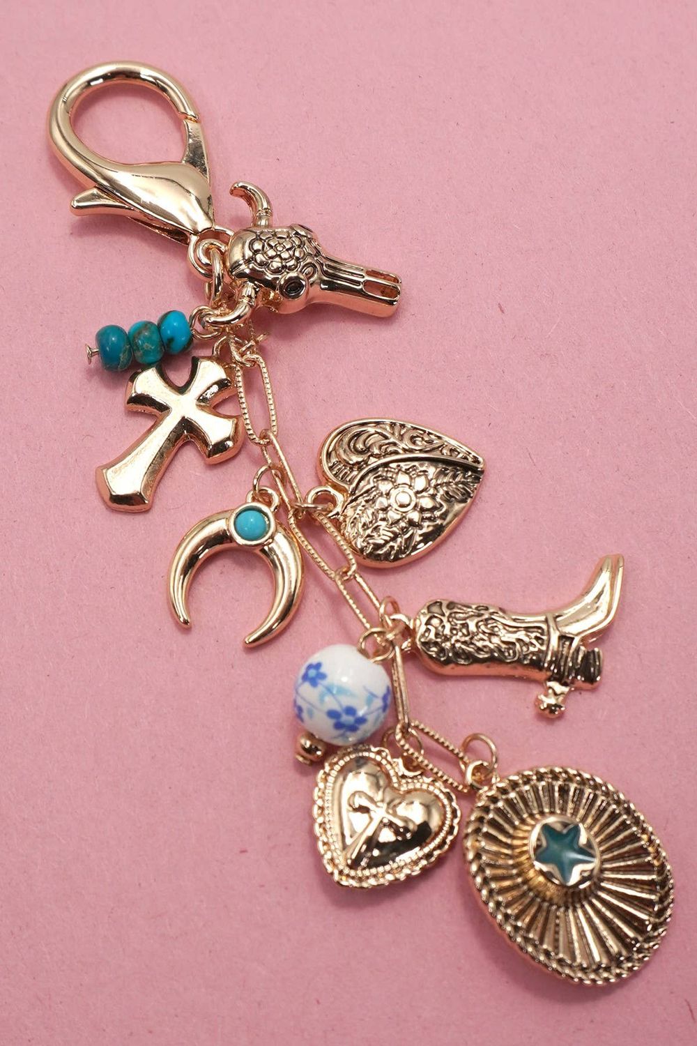 JOSSLYN BY WALL TO WALL  WESTERN CROSS HAT BOOT HEART BAG CHARM, COLOR: GOLD