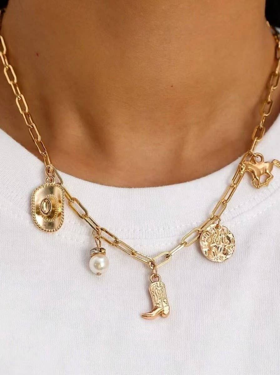 JOSSLYN BY WALL TO WALL  WESTERN BOOT STAR HAT HORSESHOE CHARM NECKLACE, COLOR: GOLD