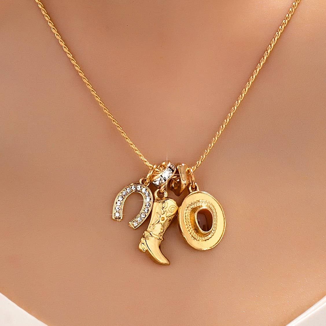 JOSSLYN BY WALL TO WALL  WESTERN HAT BOOT HORSESHOE RHINESTONE CHARM NECKLACE, COLOR: GOLD