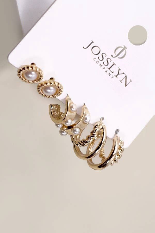 JOSSLYN BY WALL TO WALL  GOLD PEARL HOOP STUD TRIO EARRINGS, COLOR: GOLD