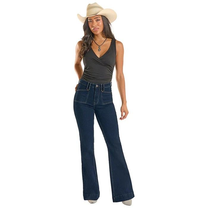 ROCK &amp; ROLL DENIM WOMEN'S HIGH RISE CARPENTER POCKET TROUSER JEAN - DARK WASH