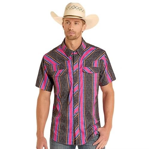 ROCK &amp; ROLL DENIM MEN'S SHORT SLEEVE RIPSTOP STRIPED PEARL SNAP SHIRT - BLACK