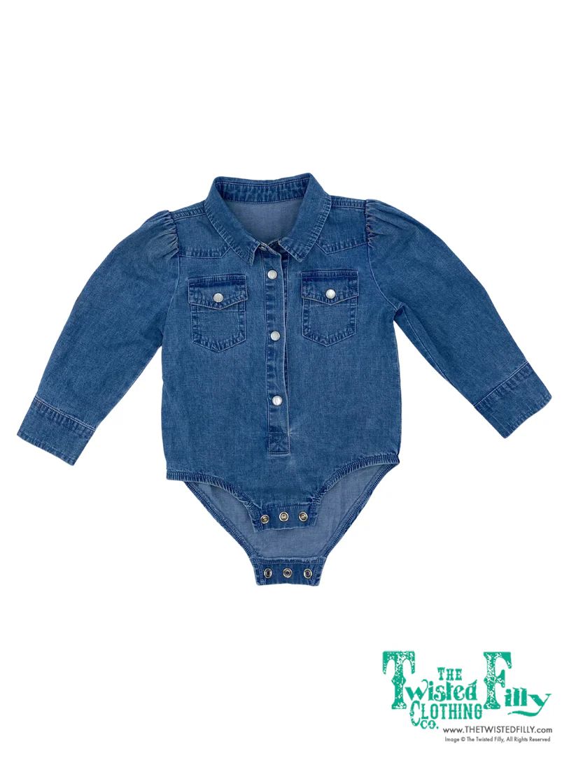 THE TWISTED FILLY INFANT LONG SLEEVE PEARL SNAP ONESIE - DENIM