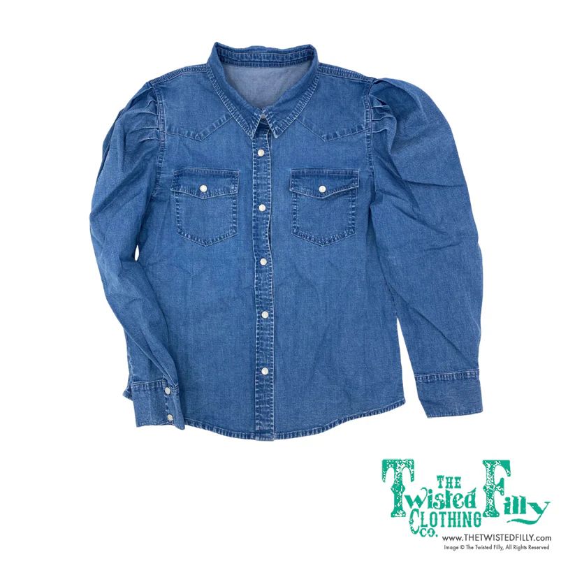 THE TWISTED FILLY YOUTH LONG SLEEVE PUFF SLEEVE PEARL SNAP SHIRT - DENIM