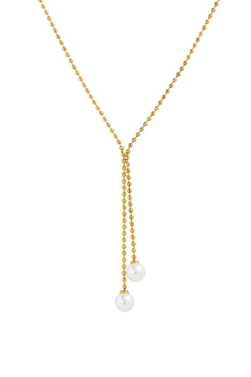 SESSORI  STAINLESS DUAL PEARL Y DROP BALL CHAIN NECKLACE