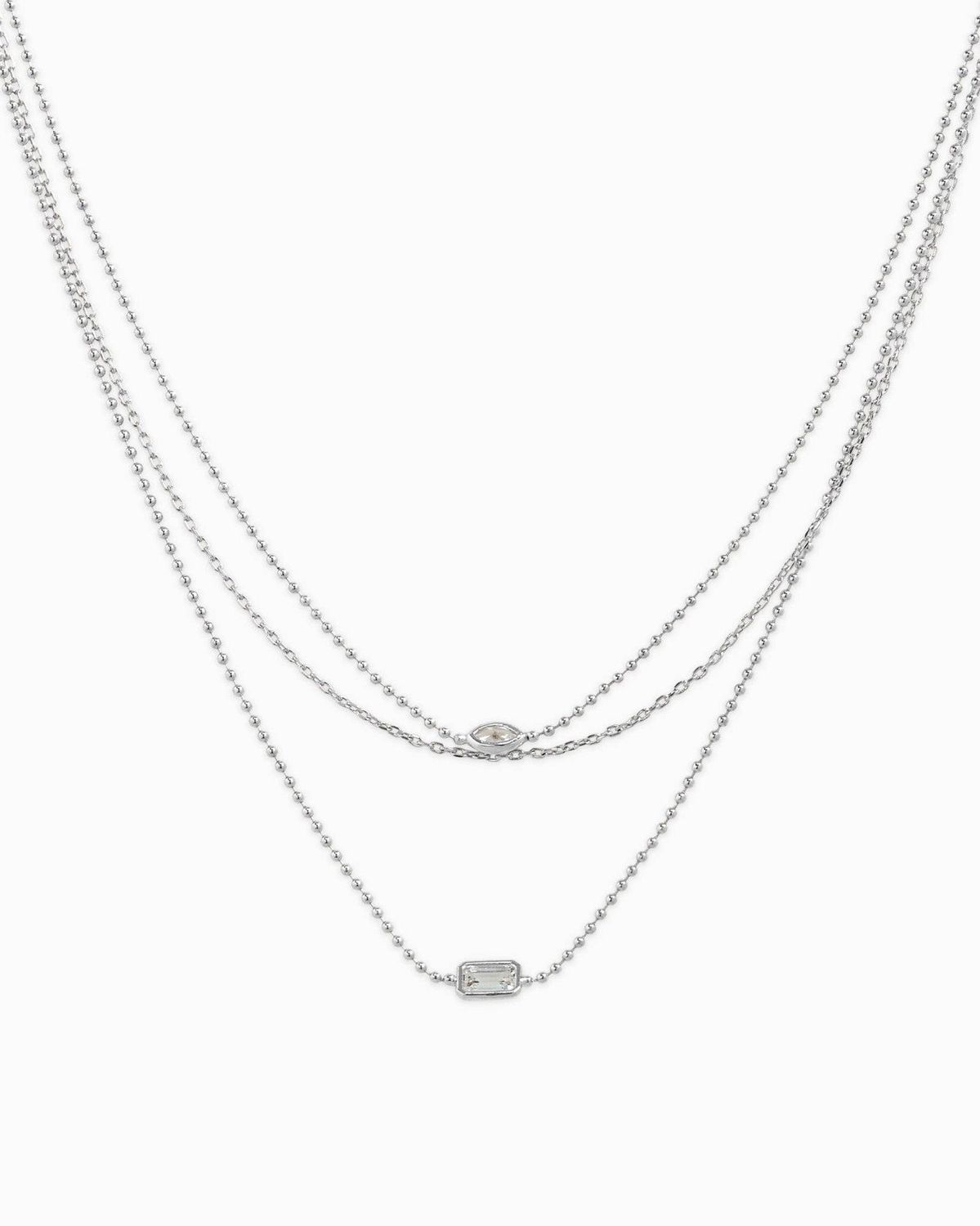 SESSORI  3 LAYERED BEZEL MARQUISE BAGUETTE CZ NECKLACE: RHODIUM