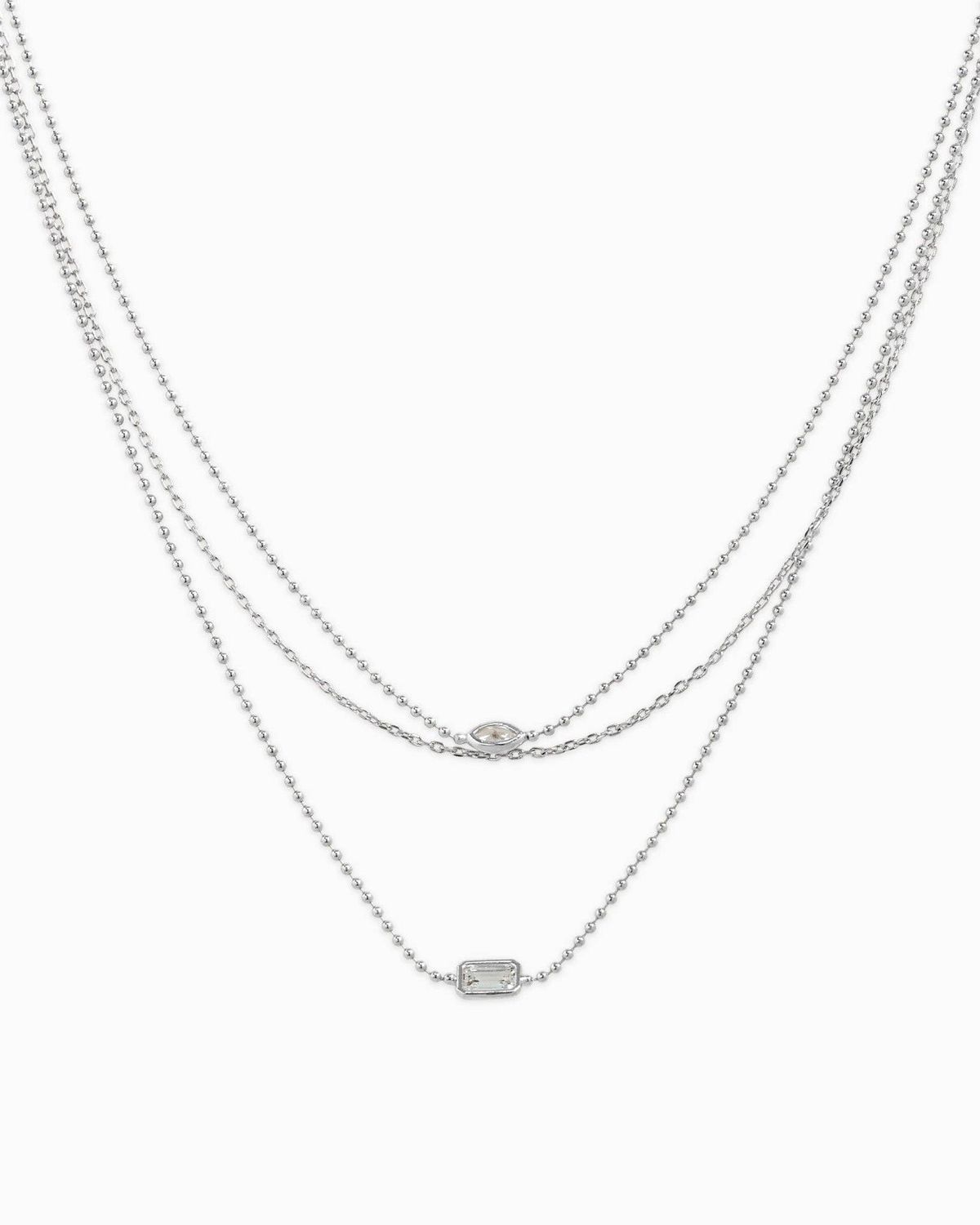 SESSORI 3 LAYERED BEZEL MARQUISE BAGUETTE CZ NECKLACE: RHODIUM