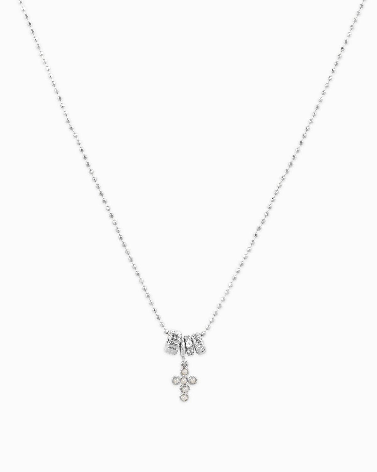 SESSORI RONDELLE CHARM CZ PEARL CROSS PENDANT NECKLACE: RHODIUM