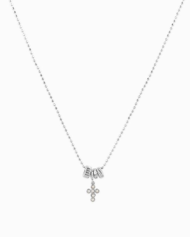 SESSORI RONDELLE CHARM CZ PEARL CROSS PENDANT NECKLACE: RHODIUM