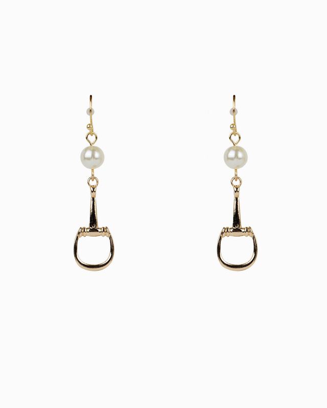 SESSORI GOLD HORSEBIT DROP HOOK EARRINGS WITH CREAM AC PEARL ACCENTS