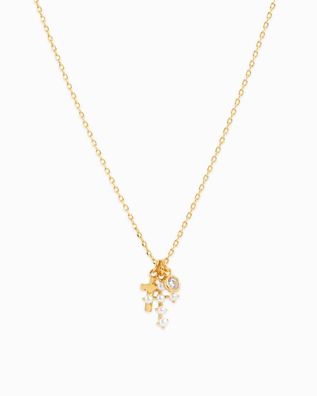 SESSORI  PEARL CROSS TRIPLE CHARM PENDANT NECKLACE