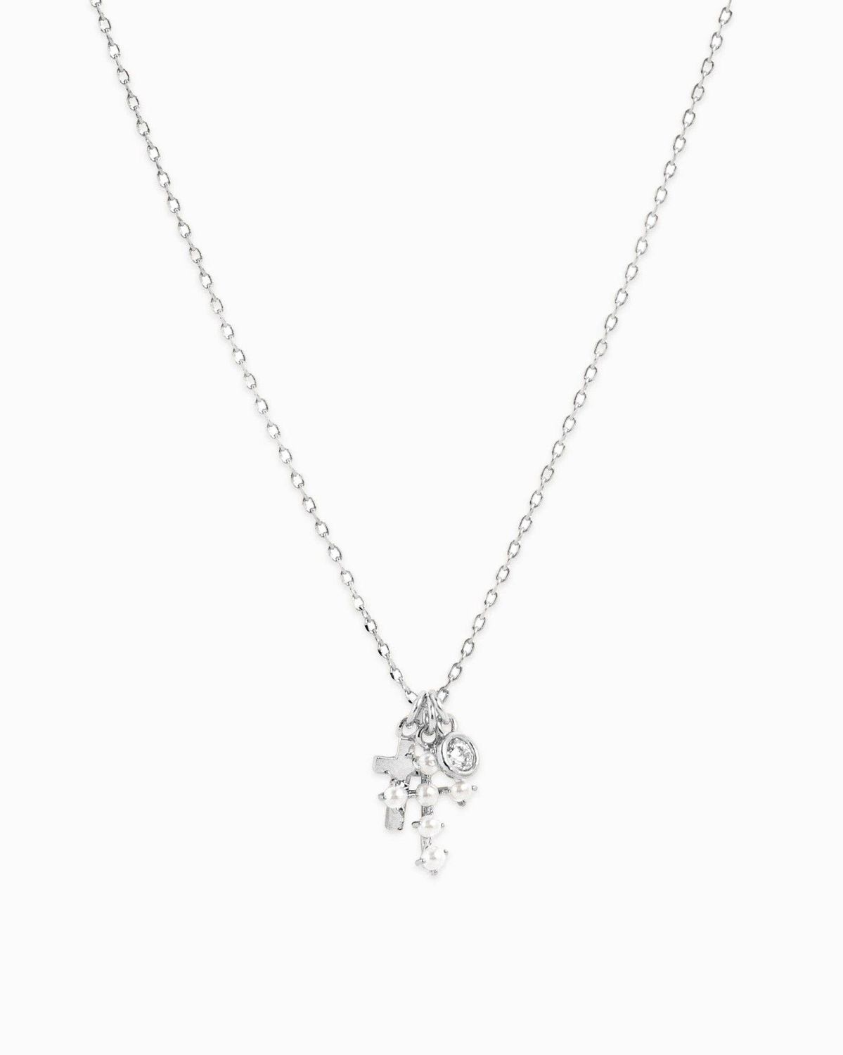 SESSORI  PEARL CROSS TRIPLE CHARM PENDANT NECKLACE, COLOR: RHODIUM