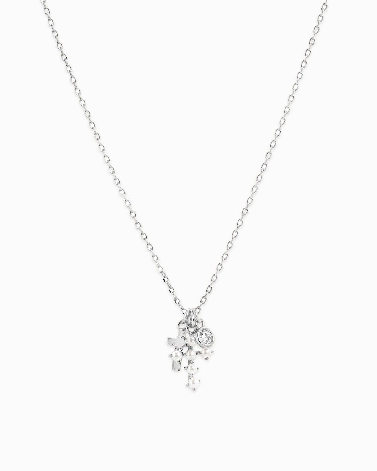 SESSORI PEARL CROSS TRIPLE CHARM PENDANT NECKLACE, COLOR: RHODIUM