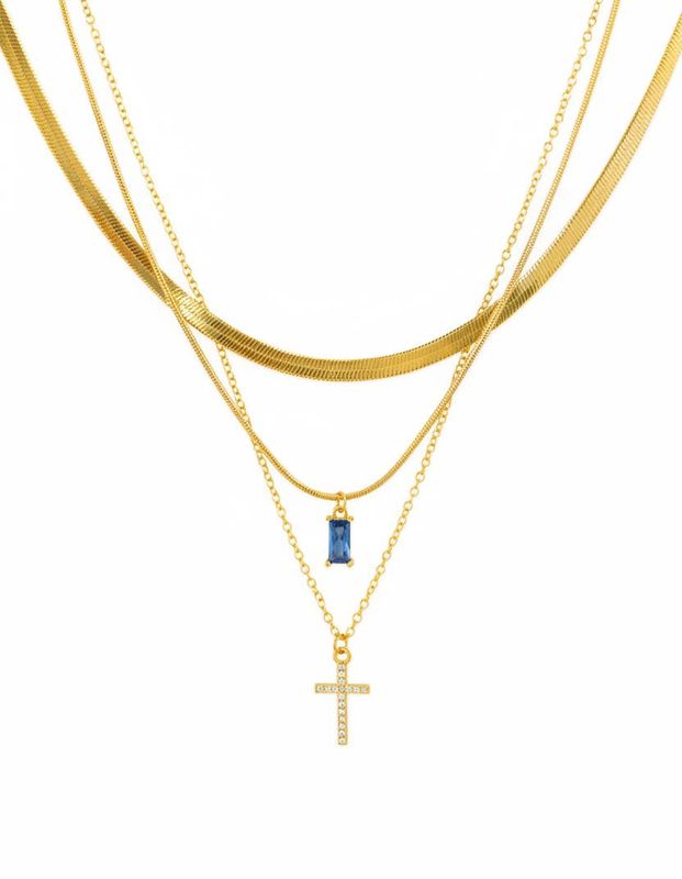 SESSORI  STAINLESS 3 LAYERED CZ CROSS &amp; BAGUETTE PENDANT NECKLACE
