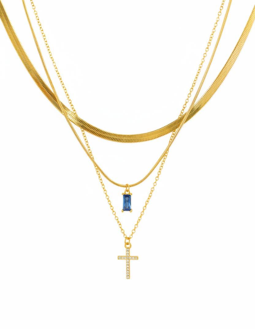 SESSORI STAINLESS 3 LAYERED CZ CROSS &amp; BAGUETTE PENDANT NECKLACE, COLOR: BLUE