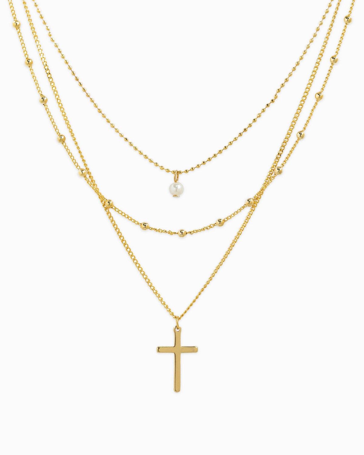 SESSORI  TRIPLE LAYERED PEARL CROSS NECKLACE