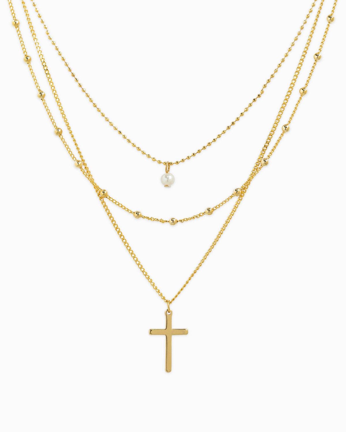 SESSORI TRIPLE LAYERED PEARL CROSS NECKLACE